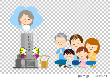おばあちゃんのお墓参りをする家族（夏） 88844641