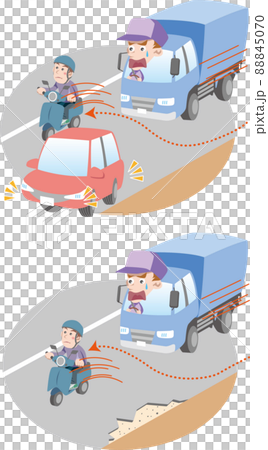 Traffic safety <The scooter running on the left end moves to the right side of the lane to avoid obstacles and is surprised by the following vehicle (truck)> 88845070