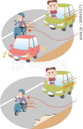交通安全<左端を走っていたスクーターが障害物を避けるため車線右側に寄り驚く後続車> 交通安全<左端を走っていたスクーターが障害物を避けるため車線右側に寄り驚く後続車> 88845071