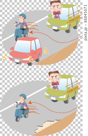 交通安全<左端を走っていたスクーターが障害物を避けるため車線右側に寄り驚く後続車> 交通安全<左端を走っていたスクーターが障害物を避けるため車線右側に寄り驚く後続車> 88845071