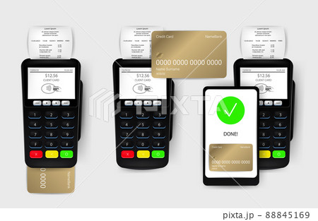 Realistic cashless payment with pos terminal, credit card and phone. Set banking successful with receipt unsuccessful cashless checkout top view isolated. Financial machine 88845169