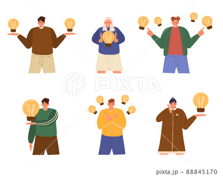 Set with creative male and female characters with light bulbs on white background. Creative woman and people group, business development or start up. Colleagues support, share metaphor vector concept 88845170
