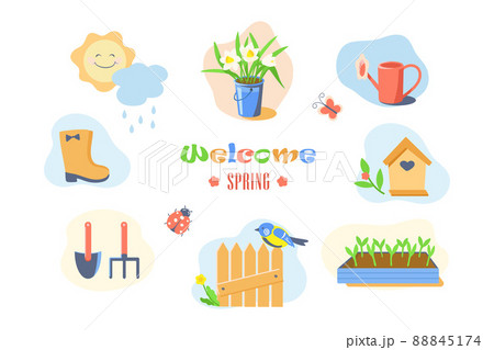 Welcome spring and gardening set flat illustration 88845174