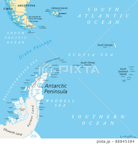 Antarctic Peninsula area, political map. From southern Patagonia and Falkland Islands, to South Georgia and the South Sandwich Islands, South Orkney Islands, and Drake Passage, to Antarctic Peninsula. 88845384