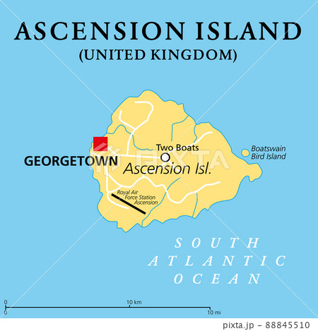 Ascension Island, political map. Tropical island and British Overseas Territory in the South Atlantic Ocean, with capital Georgetown. Illustration. Vector. 88845510