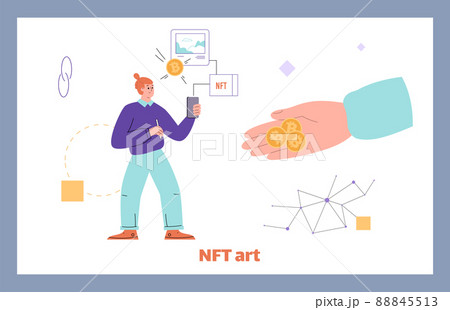 Huge people hand gives bitcoins to NFT artist flat style, vector illustration 88845513