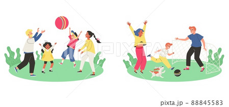 White Dad and Indian Mom with their kids play ball on the green lawn of park. 88845583
