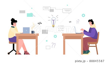 People participate in hackathon, brainstorming, workshop, vector flat illustration on white background. 88845587