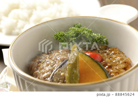 ライスと粗びきの熱々ハンバーグステーキに野菜の煮浸しとパセリを添えて 88845624