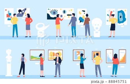 People in museum. Person looking exhibition in art gallery, cultural tour. Artist painting exposition, tourism and excursion. Visitors recent vector scenes People in museum. Person looking exhibition in art gallery, cultural tour. Artist painting exposition, tourism and excursion. Visitors recent vector scenes 88845751