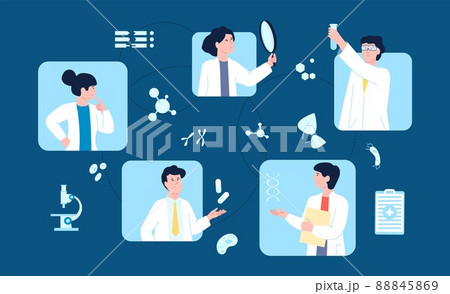 Scientist work together. Laboratory information exchange, medical international research. Creative scientists in biological, engineering or medicine, recent vector scene 88845869