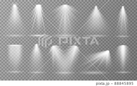 Spotlights. Theater lights beam, light spots and rays. Room studio or stage lamps, event projector shine effect. Glow for club or cinema, exact vector set 88845895