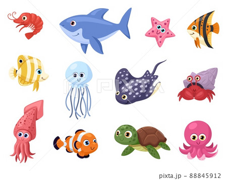 Sea life. Swimming ocean animal, stingray and shark. Cute cartoon octopus and turtle, funny aquarium fish. Marine garish vector characters set 88845912