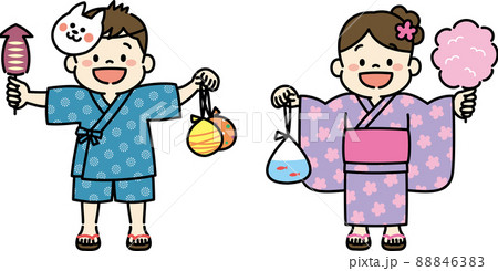 夏祭りを楽しむ子どものイラスト 縁日 浴衣 男の子と女の子のイラスト素材 8463
