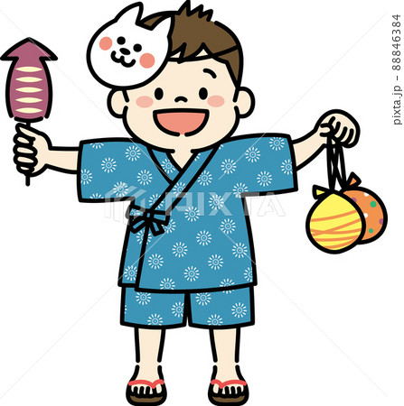 夏祭りを楽しむ子どものイラスト 縁日 甚平 男の子のイラスト素材