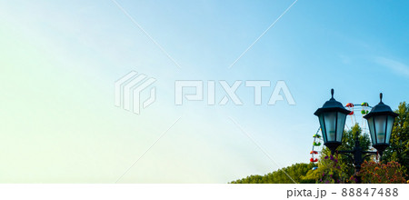 landscape of an amusement park with lantern decorated with flowers background the top of a Ferris wheel showing above the tree tops against a blue sky. 88847488