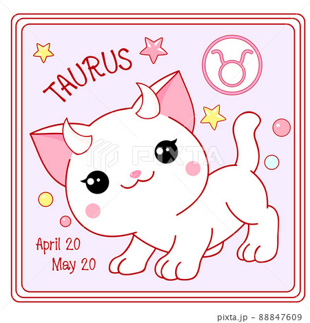Zodiac Taurus sign character in kawaii style. Square card with cute little white kitty and Zodiac symbol 88847609