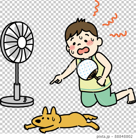 扇風機をつける子どものイラスト 暑い 男の子のイラスト素材 8402
