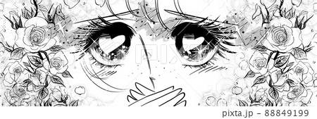 70年代少女漫画キラキラしたハートの瞳で見つめる女の子のドアップイラストと薔薇の背景 70年代少女漫画キラキラしたハートの瞳で見つめる女の子のドアップイラストと薔薇の背景 88849199