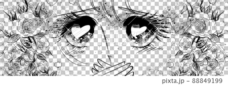 70年代少女漫画キラキラしたハートの瞳で見つめる女の子のドアップイラストと薔薇の背景 70年代少女漫画キラキラしたハートの瞳で見つめる女の子のドアップイラストと薔薇の背景 88849199