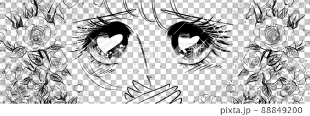 70 年代少女漫畫 Do-up 插圖一個女孩盯著閃閃發光的心的眼睛和玫瑰的背景 88849200