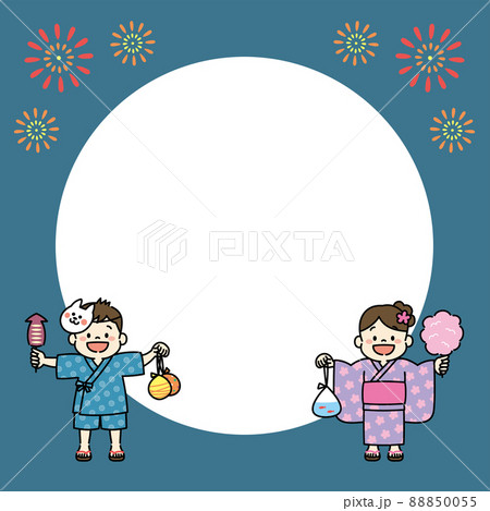 夏祭りを楽しむ子どものイラスト 花火 背景素材のイラスト素材