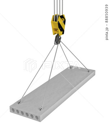 Slab hanged on crane hook by rope slings. 3d render Slab hanged on crane hook by rope slings. 3d render 88850939