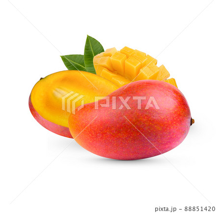 Mango fruit and sliced with leaves isolated on white background 88851420