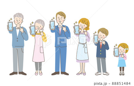 スマホの画面を見せる笑顔の三世代家族 スマホの画面を見せる笑顔の三世代家族 88851484
