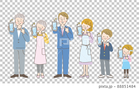 A smiling three-generation family showing a smartphone screen 88851484