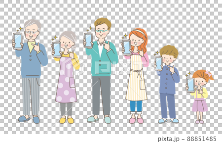 スマホの画面を見せる笑顔の三世代家族 88851485