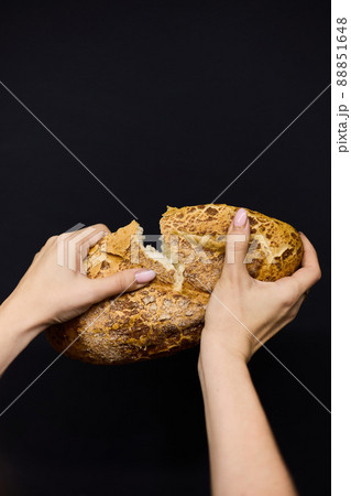 Women's hands break off a piece of fresh bread, close up 88851648