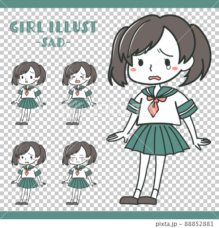 表情豊かな女子学生のイラストセット 悲しい 泣き顔のイラスト素材 8521