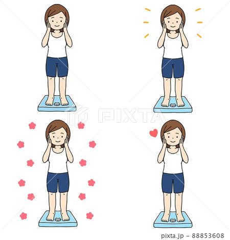 スポーツウェア姿の普通体型の女性が体重計に乗って微笑んでいる セット 88853608
