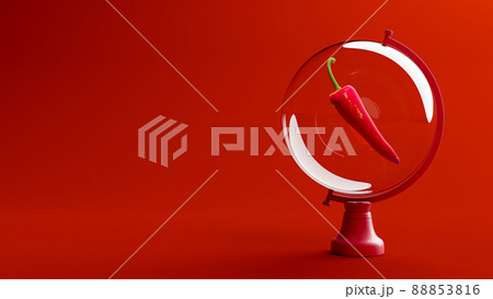 Red pepper in clear glass on a rotating platform. on red background, minimal idea concept. 88853816