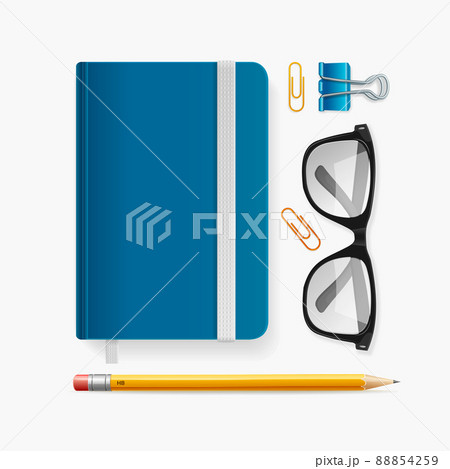 Realistic Detailed 3d Notebook with Elastic Band and Glasses Set. Vector Realistic Detailed 3d Notebook with Elastic Band and Glasses Set. Vector 88854259