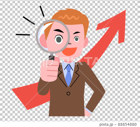 Businessman looking through a magnifying glass and an upward arrow Businessman looking through a magnifying glass and an upward arrow 88854880