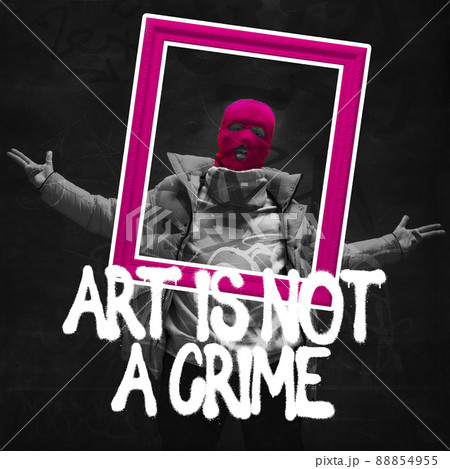Contemporary art collage. Man wearing pink balaclava isolated over gray background. Black and white image with colorful elements Contemporary art collage. Man wearing pink balaclava isolated over gray background. Black and white image with colorful elements 88854955