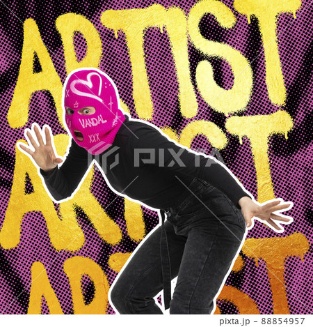 Contemporary art collage. Young woman wearing pink balaclava in image of thief isolated over purple background with golden lettering Contemporary art collage. Young woman wearing pink balaclava in image of thief isolated over purple background with golden lettering 88854957