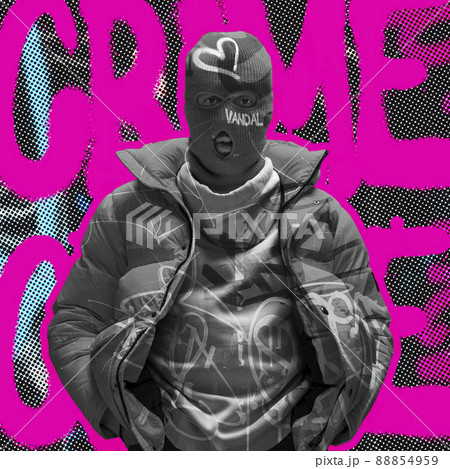 Contemporary art collage. Black and white man wearing balaclava isolated over gray background with pink crime lettering 88854959