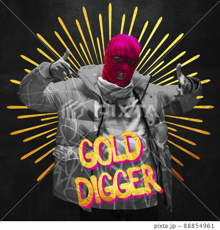 Contemporary art collage. Man wearing pink balaclava isolated over gray background 88854961