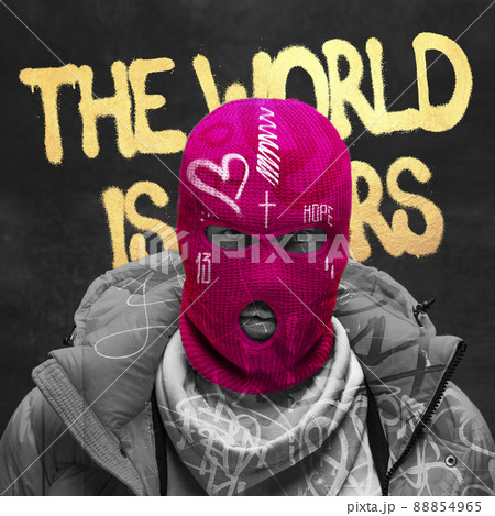 Contemporary art collage. Brutal, dangerous man in pink balaclava isolated over balck background with golden lettering Contemporary art collage. Brutal, dangerous man in pink balaclava isolated over balck background with golden lettering 88854965