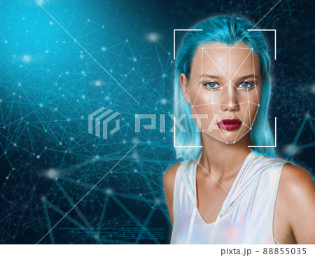 Portrait of a beautiful young woman in futuristic style against the background of dots connected by lines. Portrait of a beautiful young woman in futuristic style against the background of dots connected by lines. 88855035
