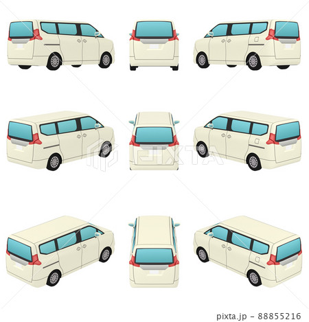 自動車のイラスト素材　オーソドックスなミニバン（1）　ベージュ　カット集（2）9点セット 88855216