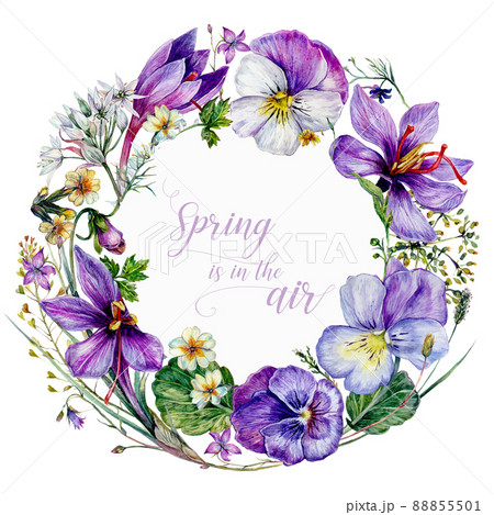 Hand Drawn Watercolor Floral Decoration Isolated on White. Spring Flowers Arrangement in Vintage Style. 88855501