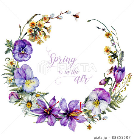 Hand Drawn Watercolor Floral Decoration Isolated on White. Spring Flowers Arrangement in Vintage Style. 88855507
