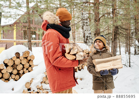 Young African American man and his son in winterwear holding dry firewood Young African American man and his son in winterwear holding dry firewood 88855695