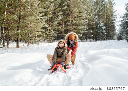 Cheerful African American man in winterwear pushing sledge with his son Cheerful African American man in winterwear pushing sledge with his son 88855767