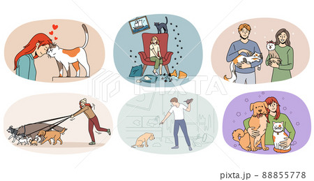 Set of diverse people play with pets  88855778