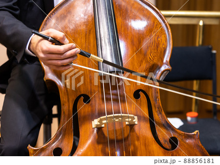 Hands of a musician with a bow playing the double bass in philharmonic orchestra Hands of a musician with a bow playing the double bass in philharmonic orchestra 88856181